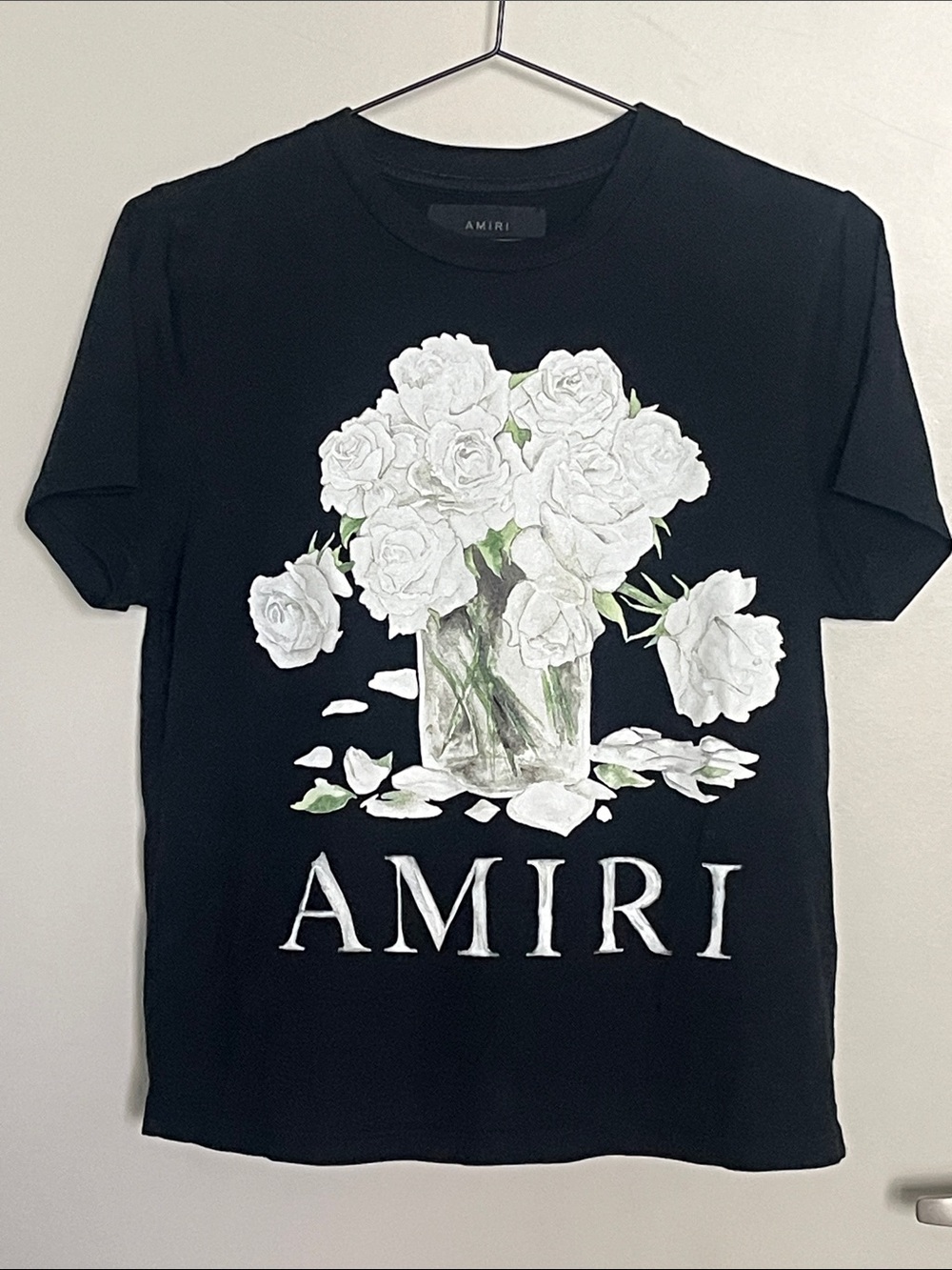AMIRI Woman’s Black Tee with White Rose Bouquet Logo AMIRI Graphic Sz S